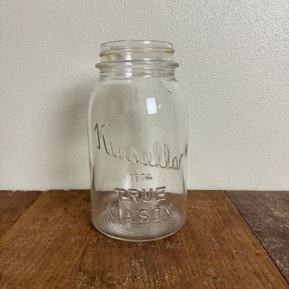 Rare Vintage Kinsella 1874 TRUE MASON Clear Glass Canning Jar Quart Size - Picture 1 of 9